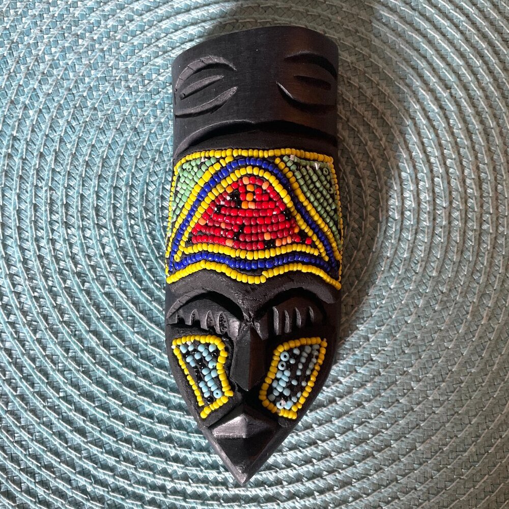 Beaded small wooden mask from Ghana